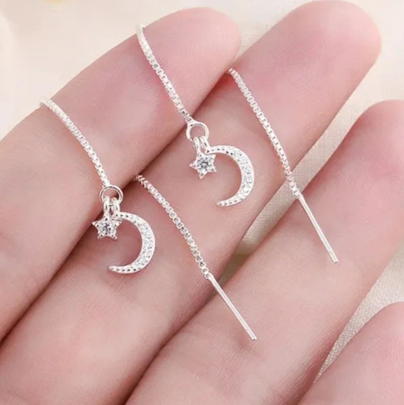 Sterling Silver 925 Earrings Moon and Star Dangle Drop Threaded Tassel Earrings - Picture 1 of 6